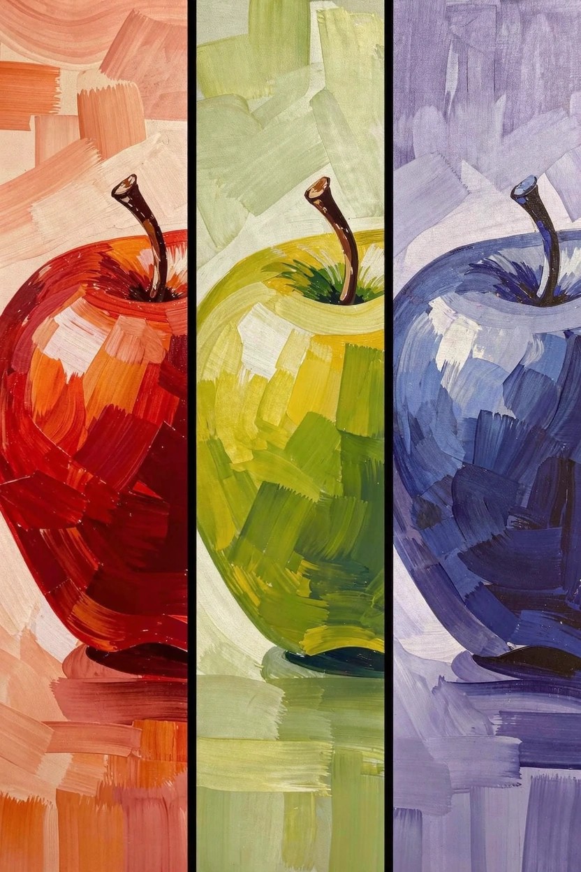 Three vertical panels each feature a textured acrylic apple in red, green, or blue against a matching gradient background.
