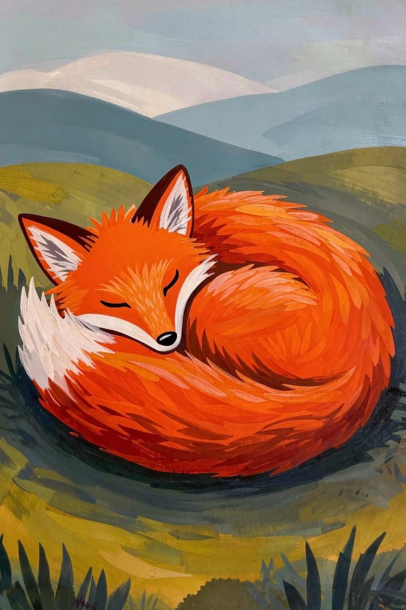 Orange fox curled asleep in green grass with distant blue mountains and green hills under a gray sky.