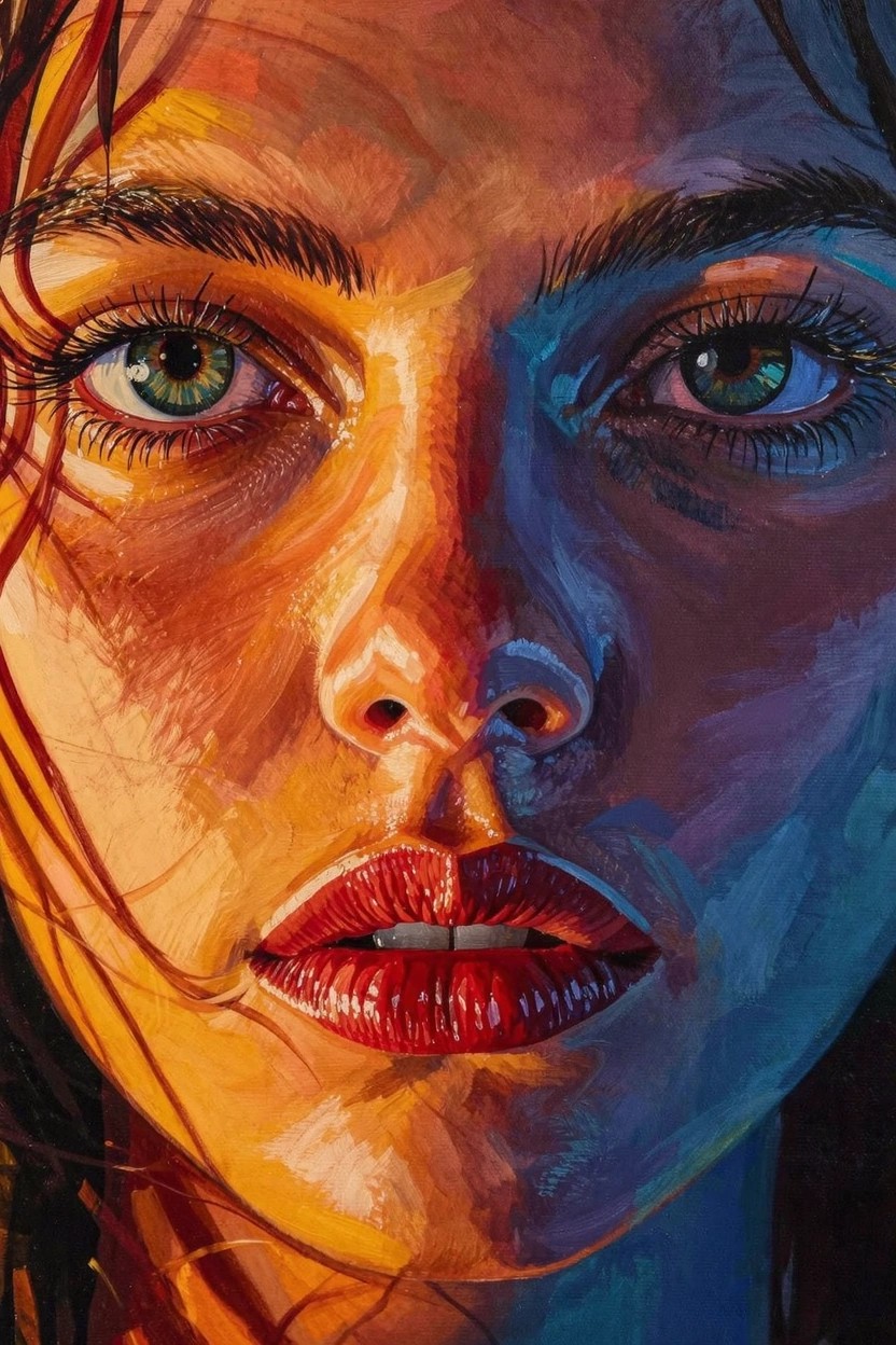 Close-up acrylic portrait of a woman's face with green eyes, red lips, wet reddish hair, and dramatic warm-cool side lighting.