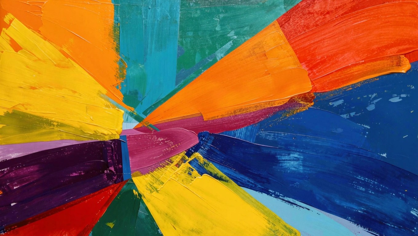 Abstract acrylic painting featuring overlapping blocks of blue, red, yellow, and green with visible brushstrokes.