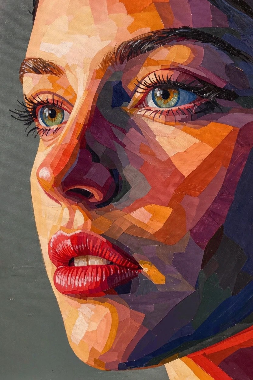 Geometric close-up portrait of a woman's face with green eyes and red lips built from angular color facets in oranges, reds, greens, and browns.