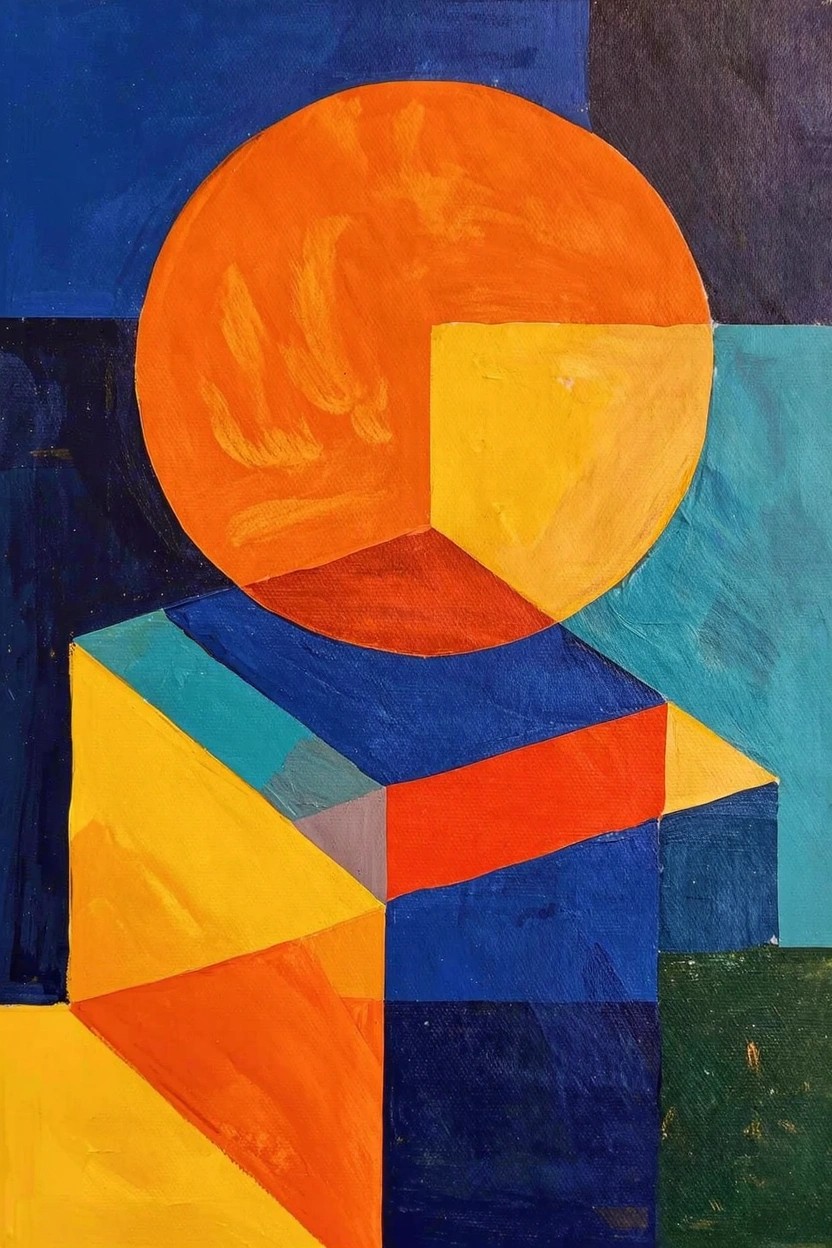 Abstract acrylic painting with an orange segmented circle atop a multicolored geometric cube in bold blues, teals, reds, yellows, and greens on a dark background.