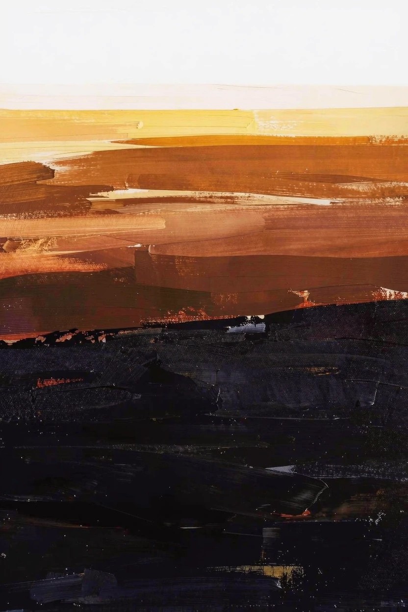 Abstract acrylic painting with stacked horizontal layers transitioning from yellow and orange at the top to browns and black at the bottom.