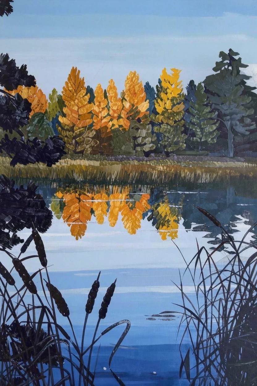 Acrylic painting of yellow-orange autumn trees and their reflections in a blue pond framed by dark foreground reeds under a clear sky.