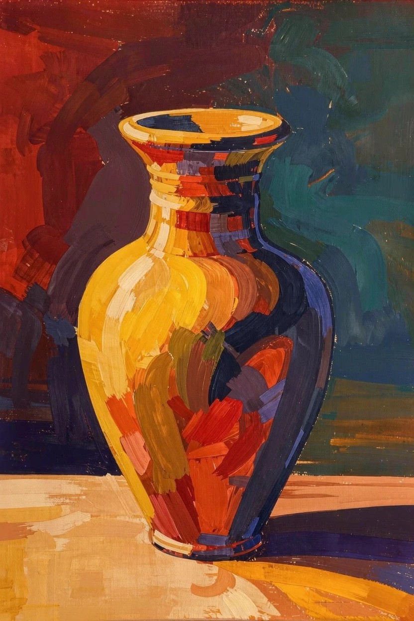 Acrylic still life painting of a shiny yellow-orange vase with multicolored reflections on a light surface against a dark background.