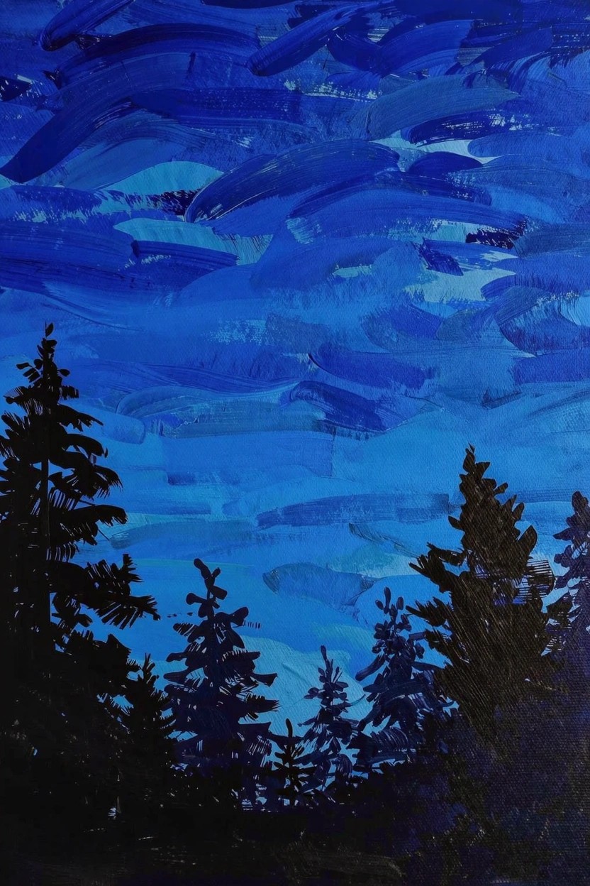 Acrylic painting of dark silhouetted pine trees against swirling blue sky brushstrokes.