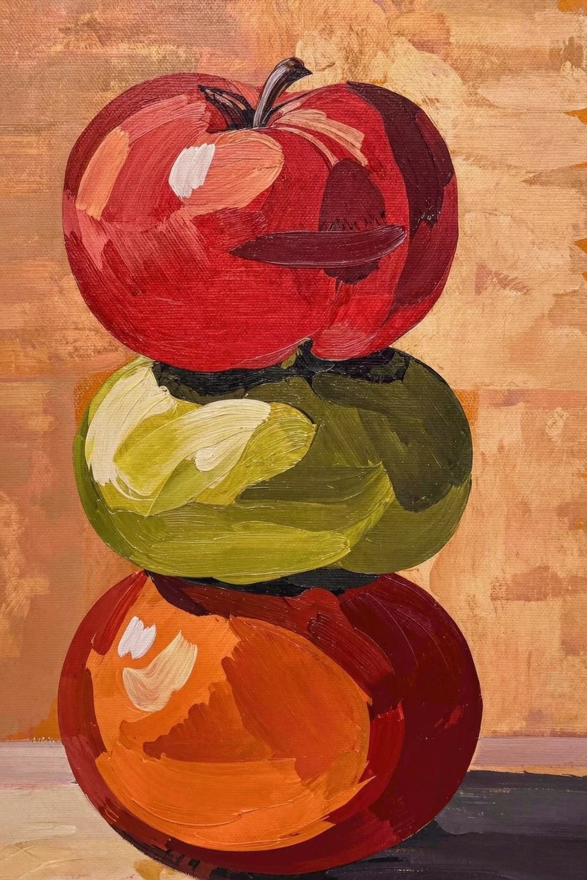 Acrylic painting of three vertically stacked apples in red, green, and orange on a textured orange-yellow background.