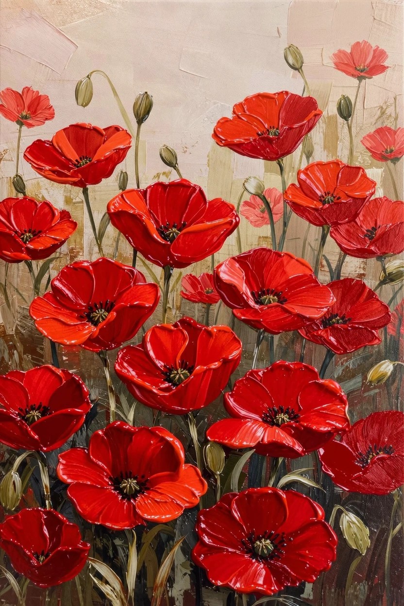 Acrylic painting of clustered red poppies with green stems and buds against a beige background, using thick textured brushstrokes for petals and centers.