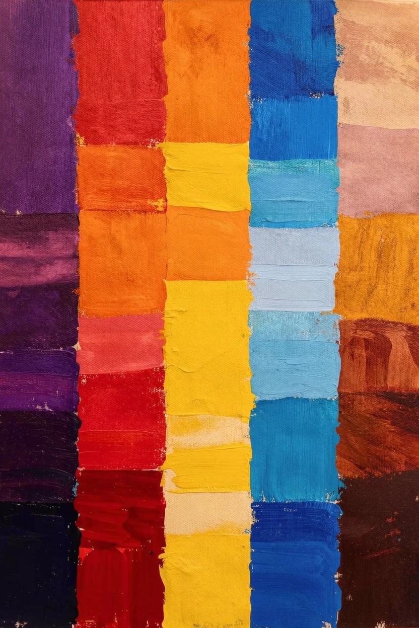 Vertical abstract acrylic painting of stacked rectangular color blocks in purple, red, orange, yellow, blue, beige, and brown.