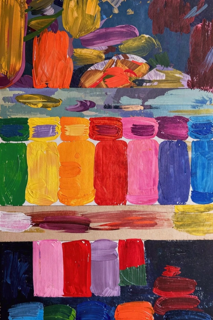 Acrylic painting of colorful bottle-like shapes in rows against an abstract background with visible brush strokes and layered paint.
