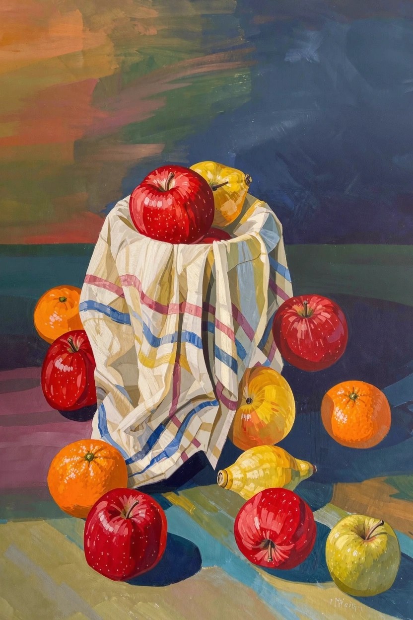 Acrylic still life painting of red apples, oranges, lemons, and yellow fruits on and around a draped white striped cloth against a colorful abstract background.