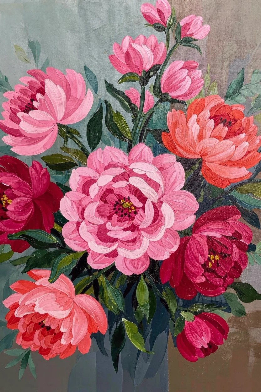 Acrylic painting of pink and red peonies in various shades arranged in a clear vase with green leaves on a gray background.