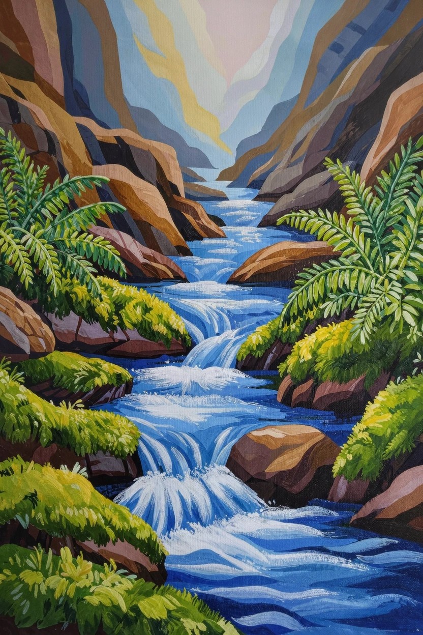 Acrylic painting of a blue stream cascading through orange-brown rocks and green ferns in a vertical valley under a pinkish sky.