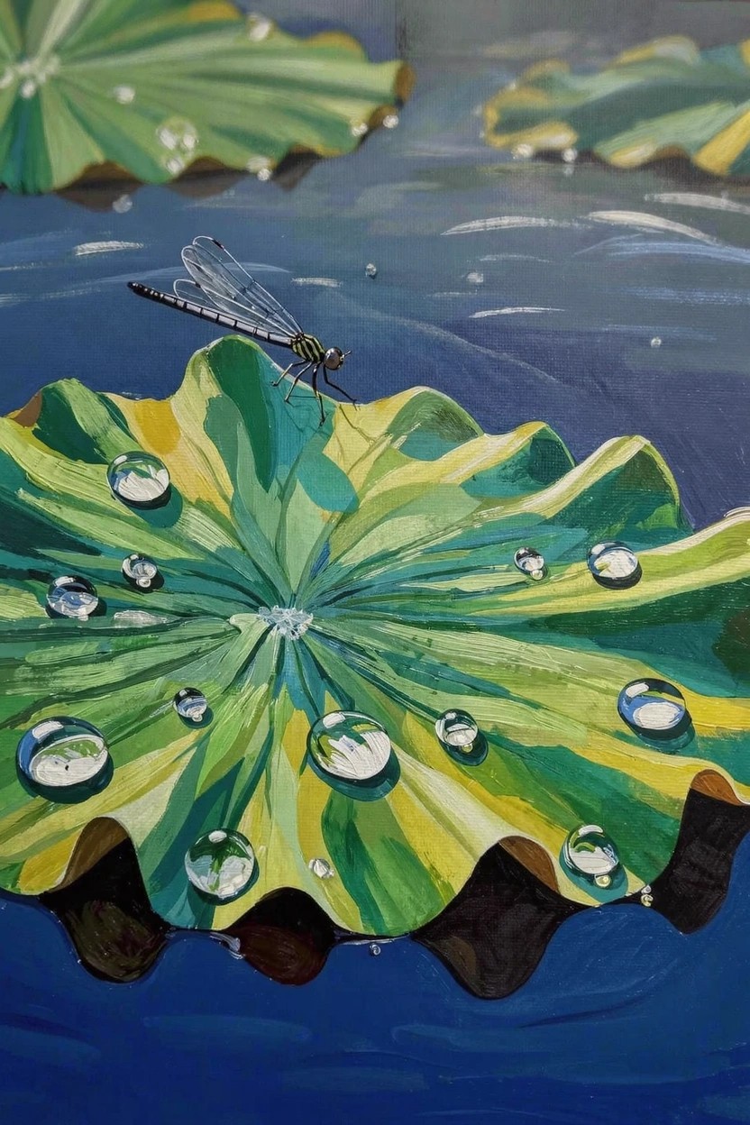 Acrylic painting of a slender green dragonfly perched on a yellow-green lotus leaf dotted with clear dewdrops, amid other leaves on blue water.
