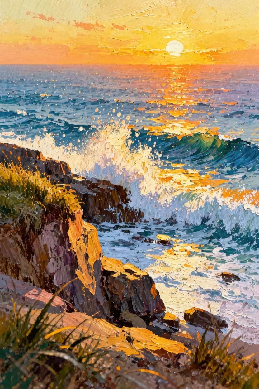 Acrylic painting of orange sunset over blue ocean waves crashing on rocky cliffs with grass.
