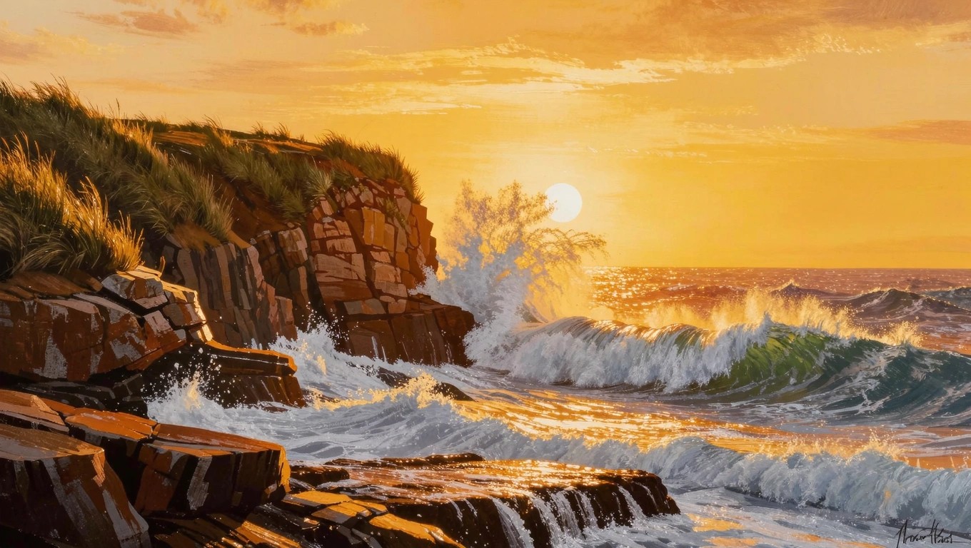 Acrylic painting of orange sunset over blue ocean waves crashing on rocky cliffs with grass.