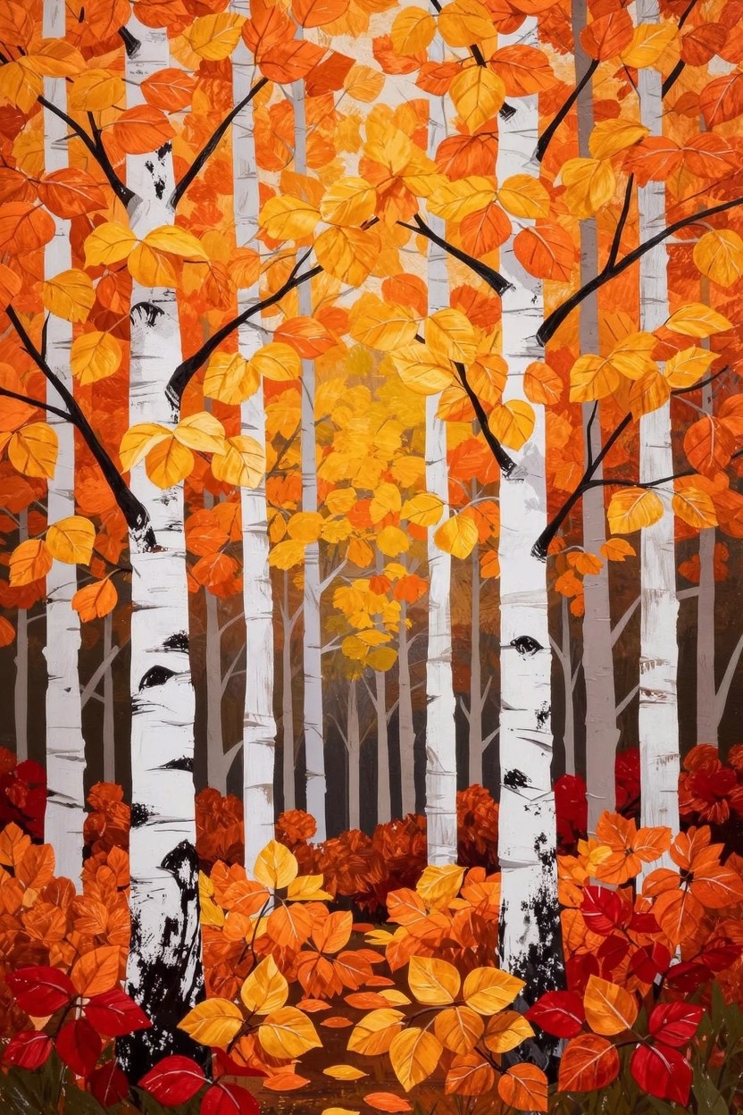 Vertical acrylic painting of white birch trees surrounded by orange and yellow autumn leaves with scattered foliage on the ground.
