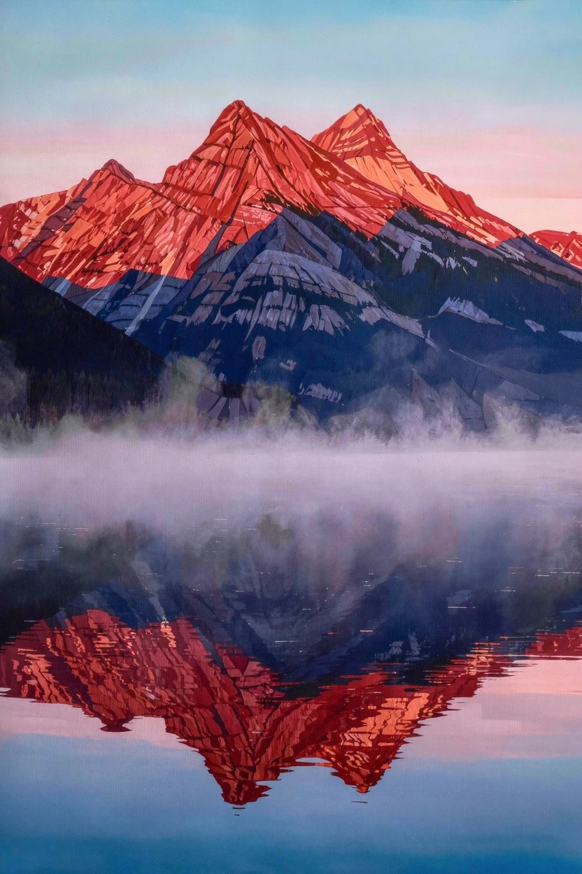 Acrylic painting of red mountain peaks reflected in a blue lake with mist and trees in the foreground at sunset.