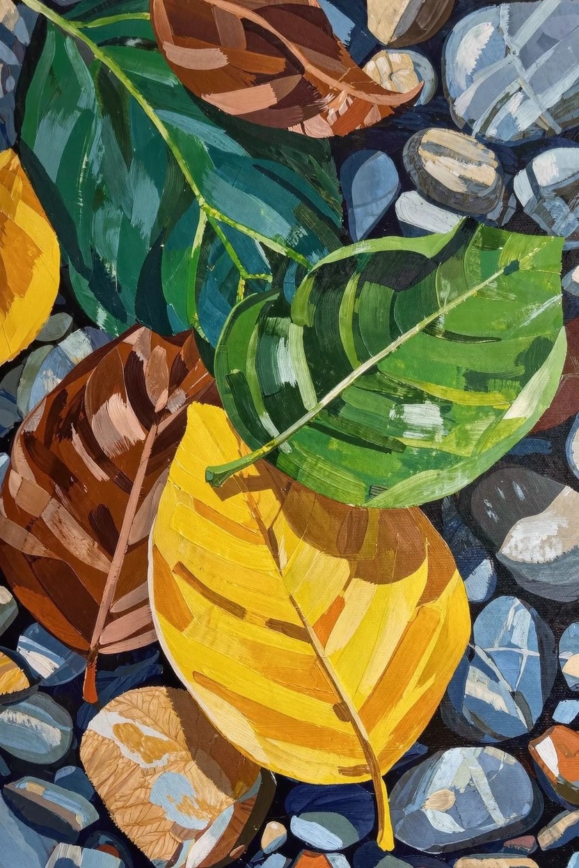 Acrylic painting of colorful autumn leaves scattered and overlapping on gray pebbles.