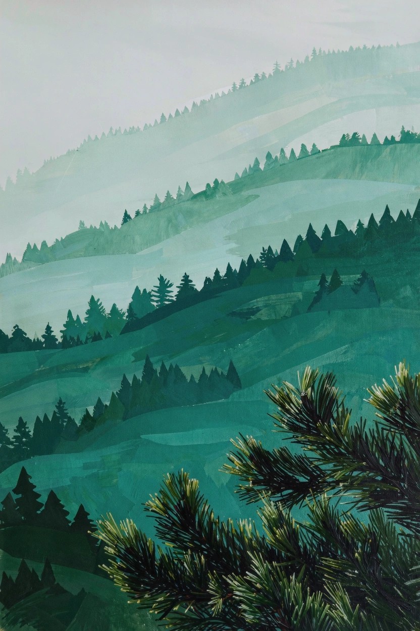 Acrylic painting of overlapping misty green pine forests and layered hills in translucent shades.