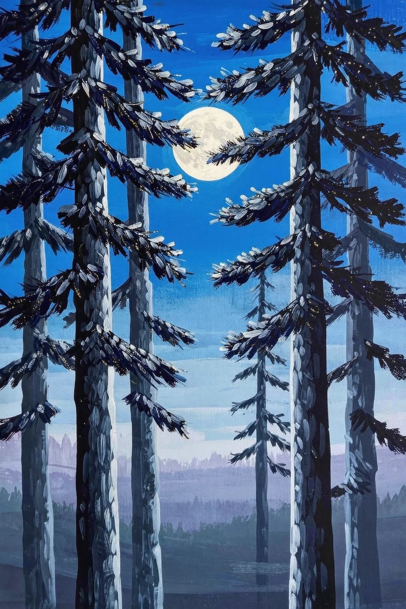 Dark silhouetted pine trees frame a bright full moon in a deep blue night sky with distant purple hills.