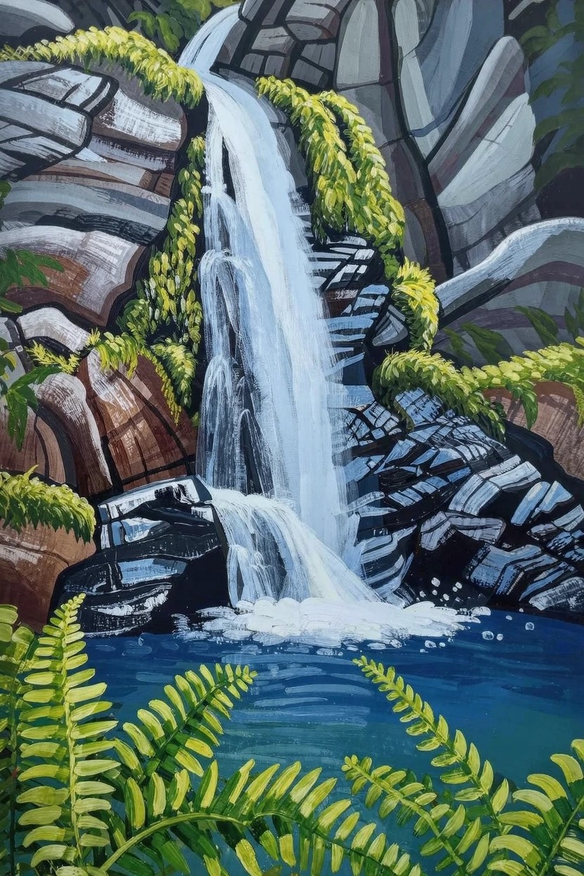 Acrylic painting of a white waterfall cascading over multicolored rocks with green moss and ferns into a blue pool.