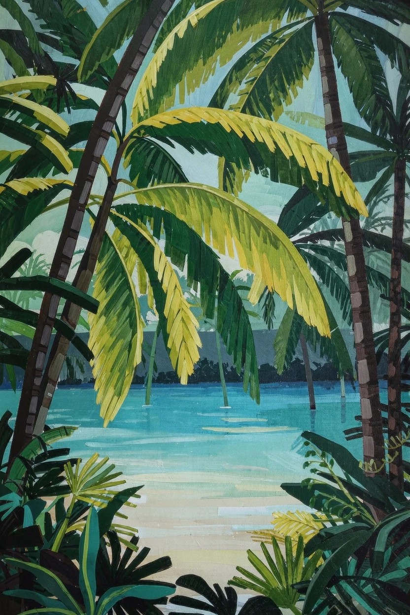 Vibrant acrylic painting of tall palm trees framing a turquoise lagoon, sandy beach, and lush green foliage.