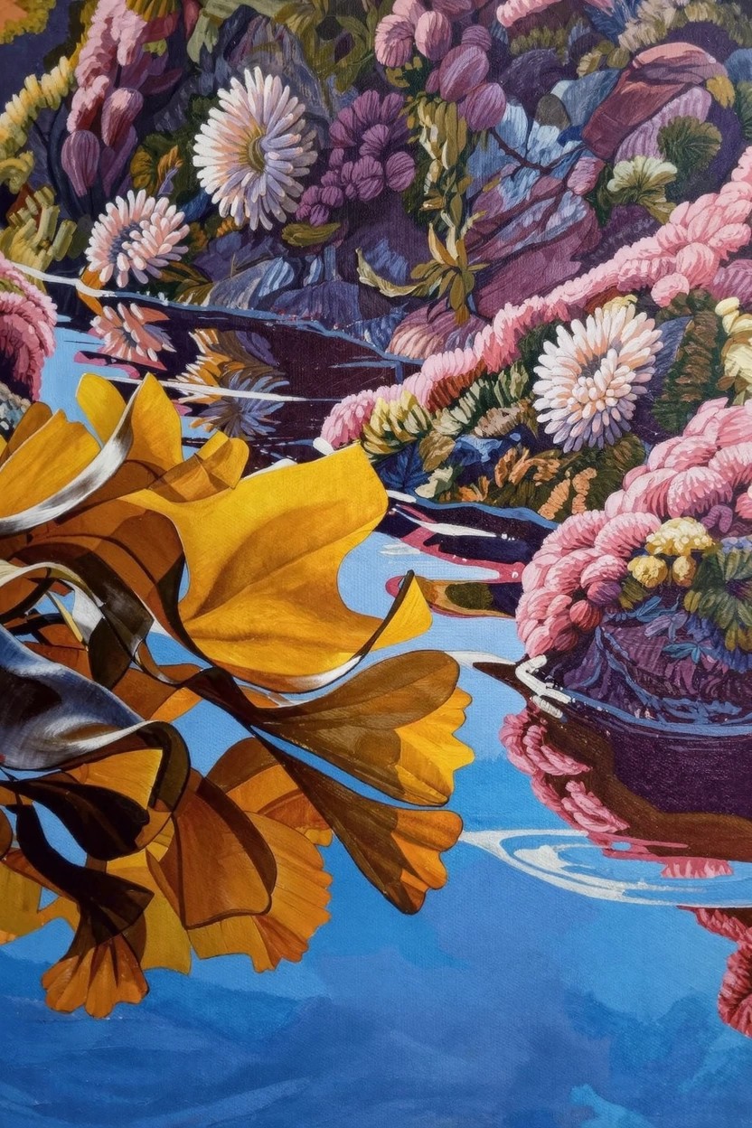 Acrylic painting of yellow kelp fronds and pink-white anemone clusters with their reflections in blue water.