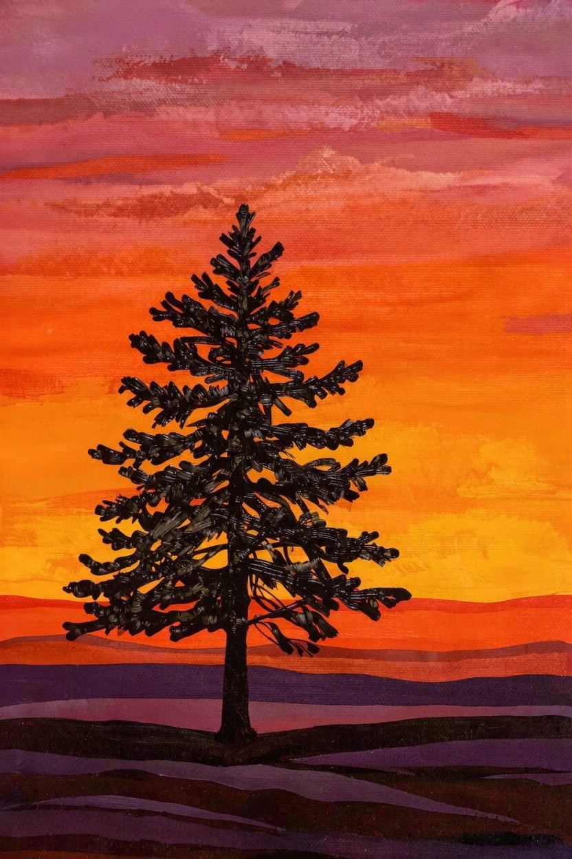 Black silhouetted pine tree centered against a vibrant layered sunset sky in oranges, pinks, and purples with subtle purple foreground hills.