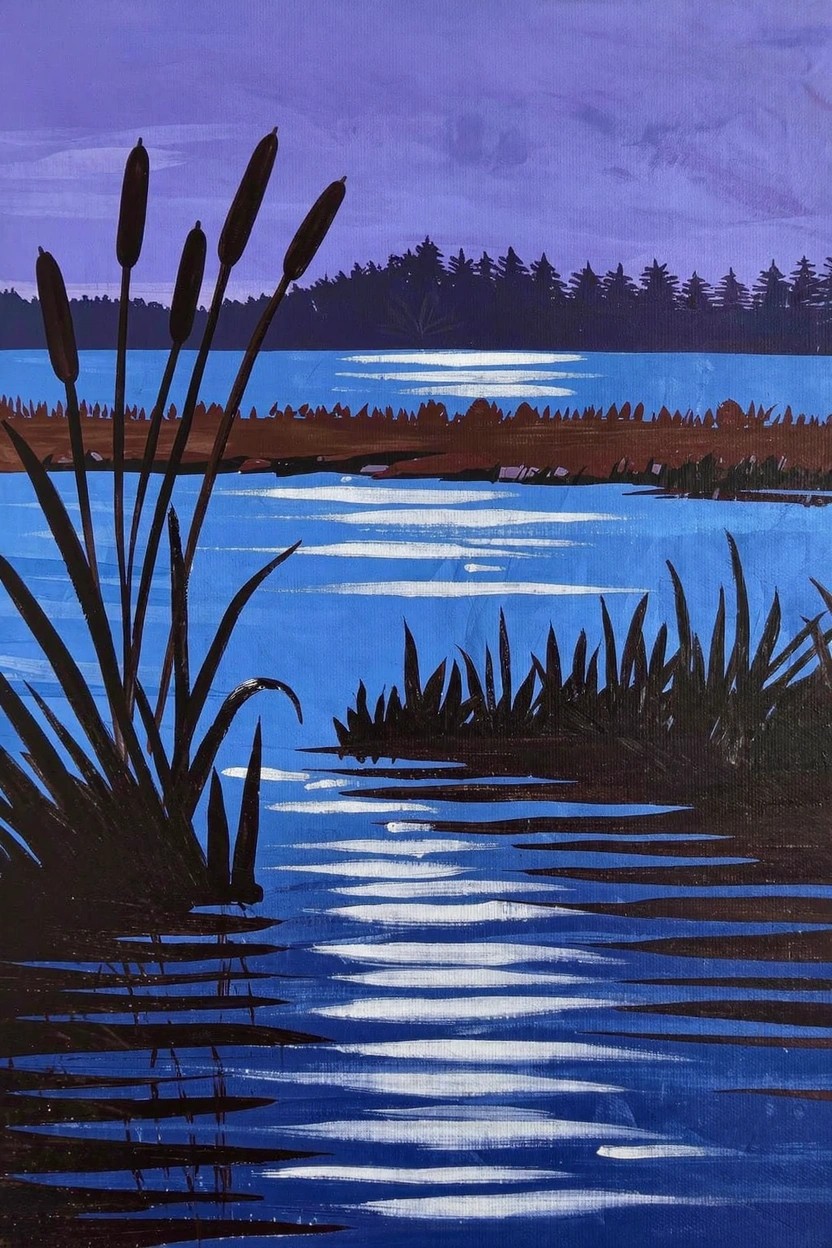 Acrylic painting of dark silhouetted tall reeds in the foreground over blue water with a white moon reflection, purple twilight sky, and distant trees on the horizon.
