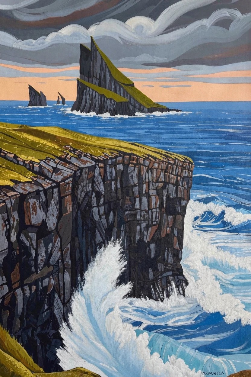 Stylized acrylic painting of jagged cliffs, green-topped sea stacks, crashing ocean waves, and stormy skies with pink horizon glow.