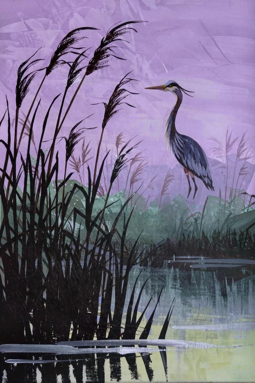 Acrylic painting of a purple heron standing in black reeds with purple sky and yellow water reflections.