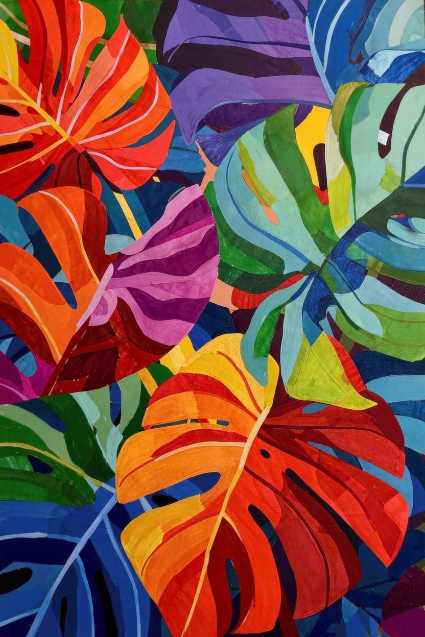 Acrylic painting of overlapping monstera leaves in bold orange, purple, teal, green, and blue flat color blocks.