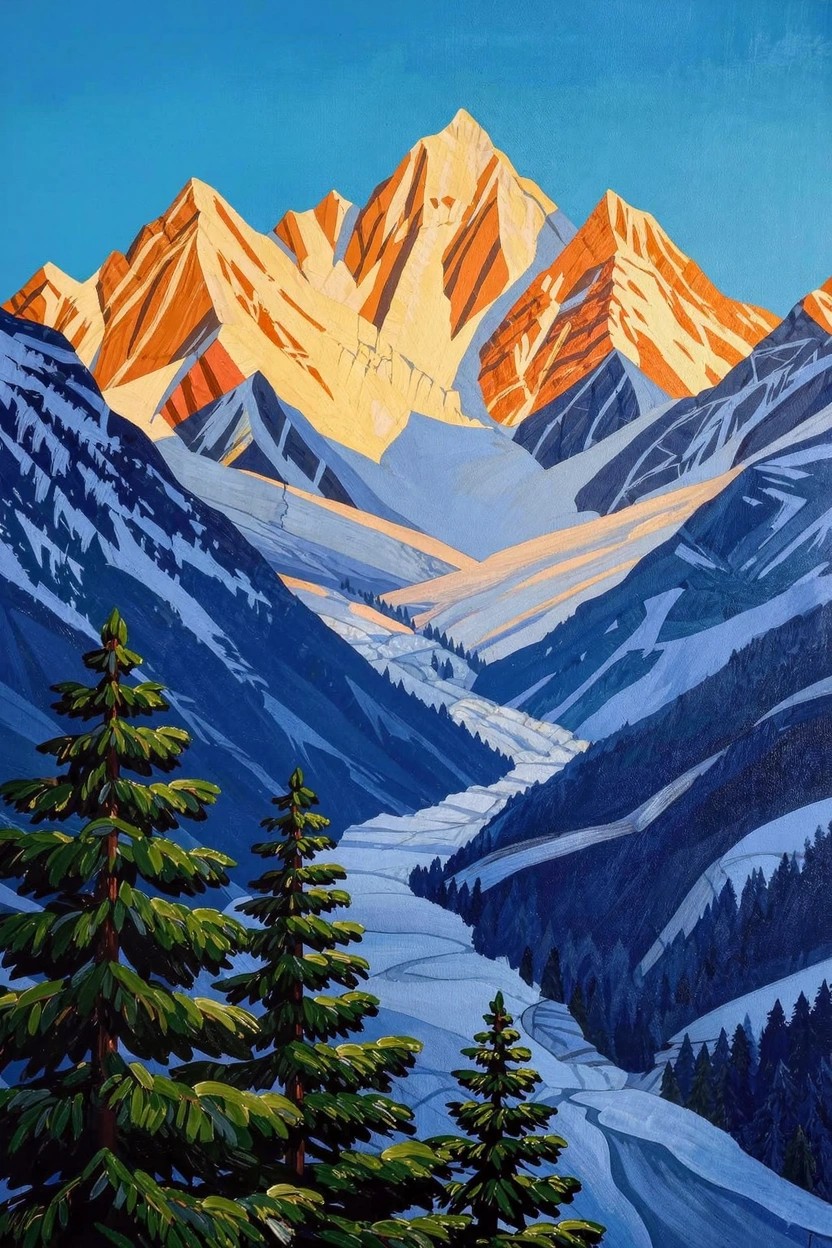 Acrylic painting of jagged orange-glowing mountain peaks under blue sky, with snowy valley path and green pine trees in the foreground.