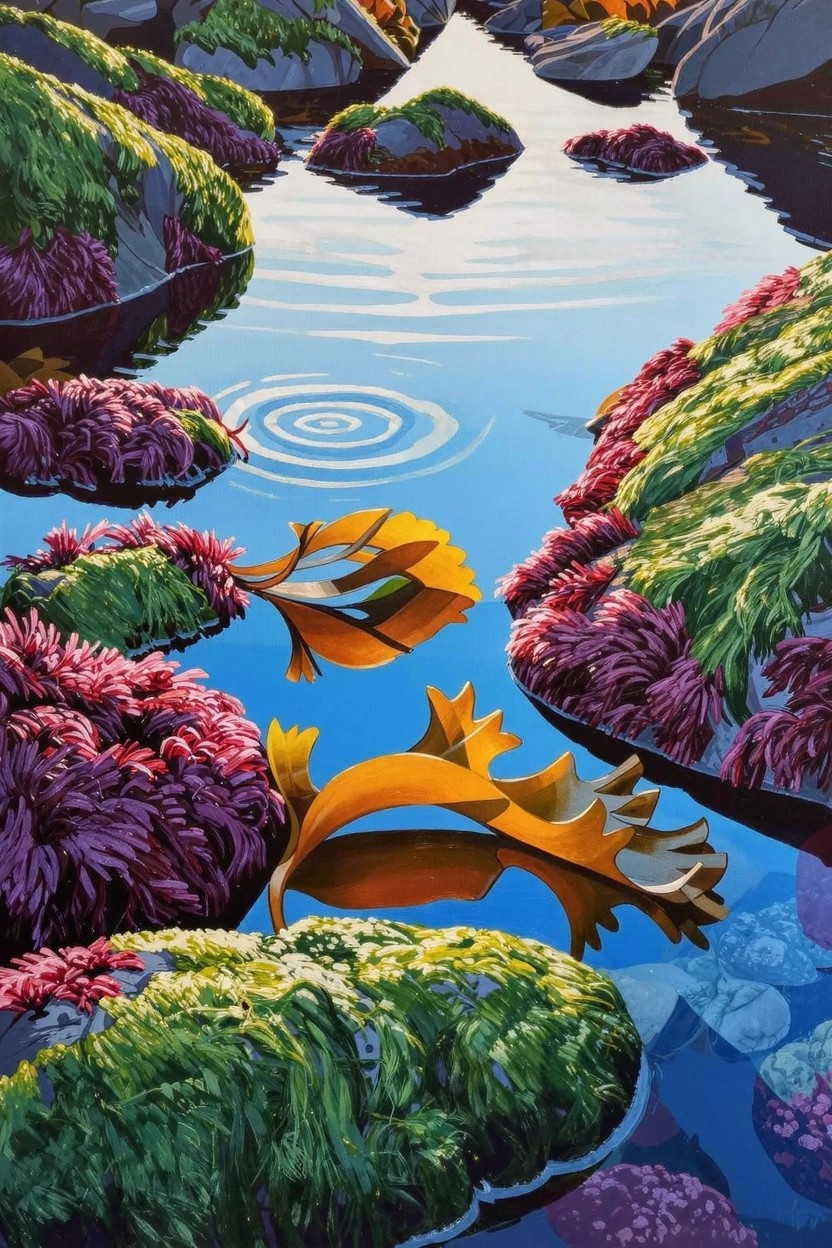 Vertical acrylic painting of moss-covered rocks with vibrant green, pink, purple, and yellow seaweed around a reflective blue tidal pool featuring ripples and underwater details.
