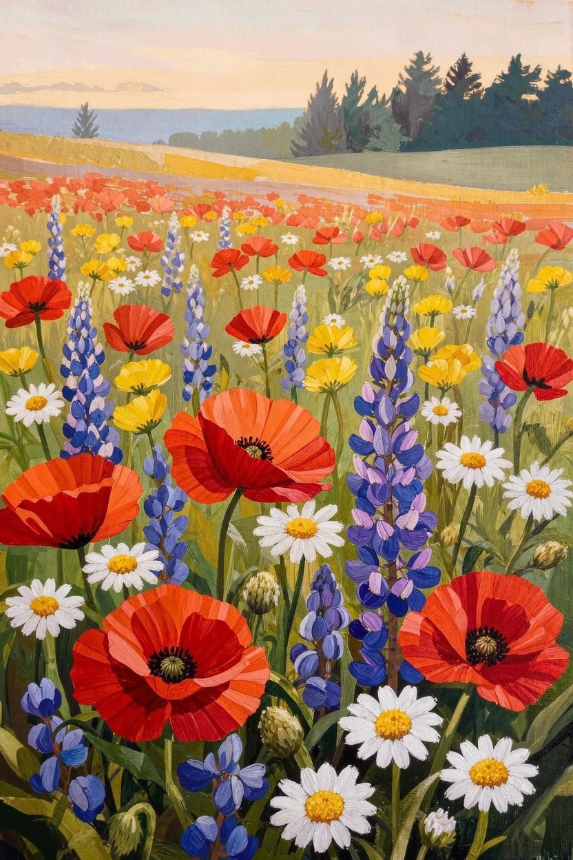Acrylic painting of a vibrant wildflower meadow with red poppies, blue lupines, white daisies, yellow flowers, green fields, hills, trees, and sunset sky.