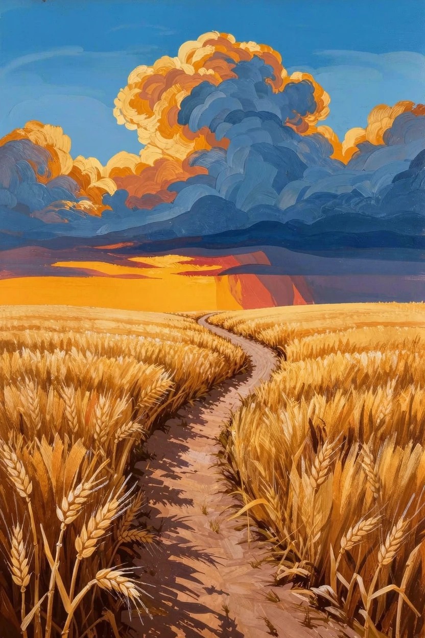 Acrylic painting of a winding dirt path through golden wheat fields under dramatic orange and blue-gray sunset clouds.