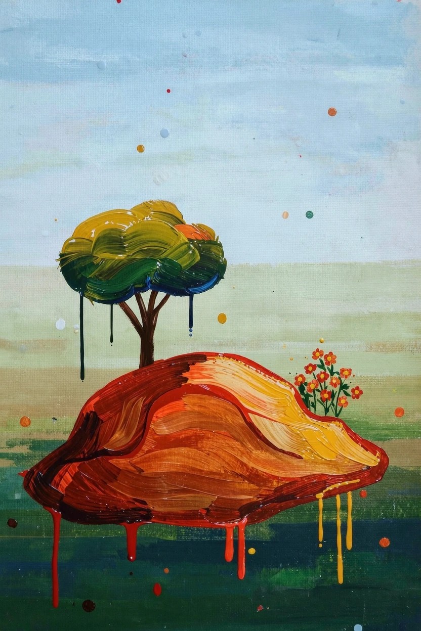 Acrylic painting featuring an orange-yellow dripping hill with a green tree on top, small orange flowers, scattered dots, and a blue-green sky.