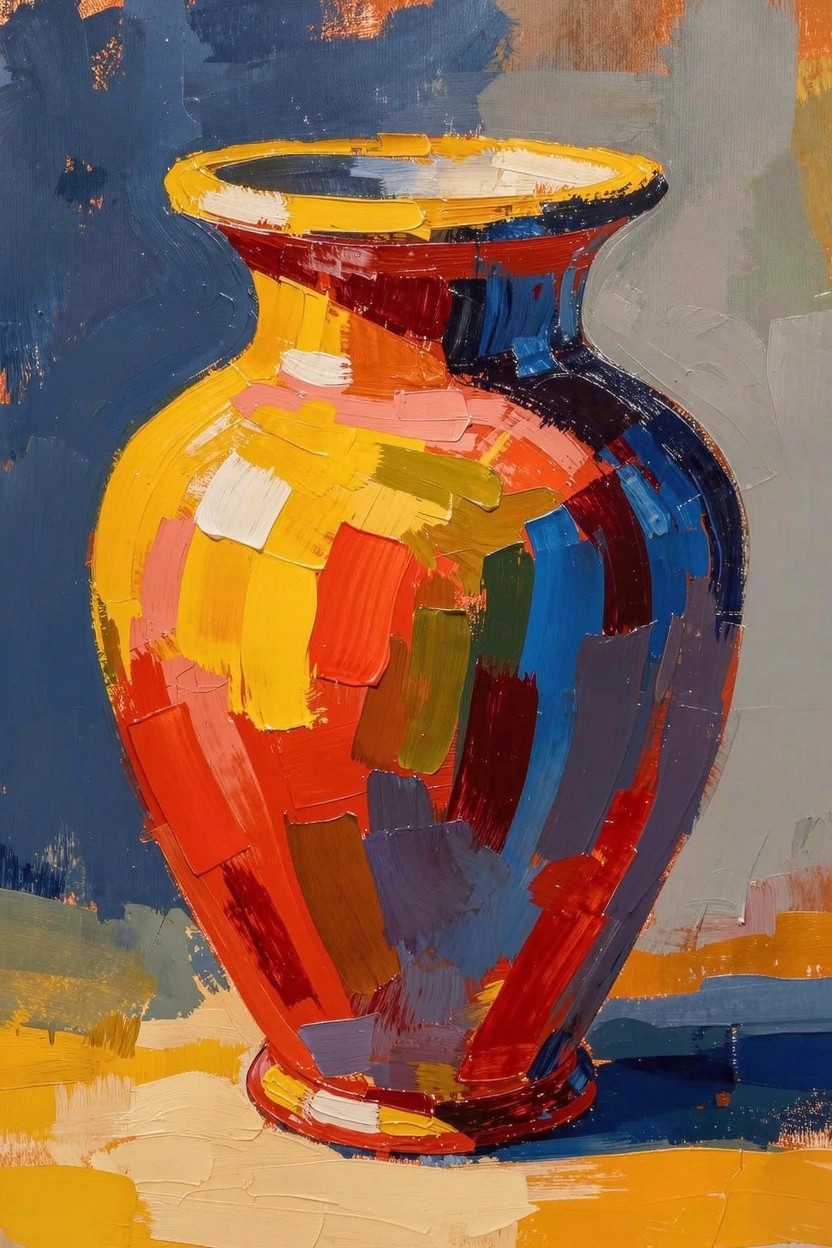 Acrylic painting of a tall vase rendered in thick, multicolored patchwork brushstrokes against a neutral background.