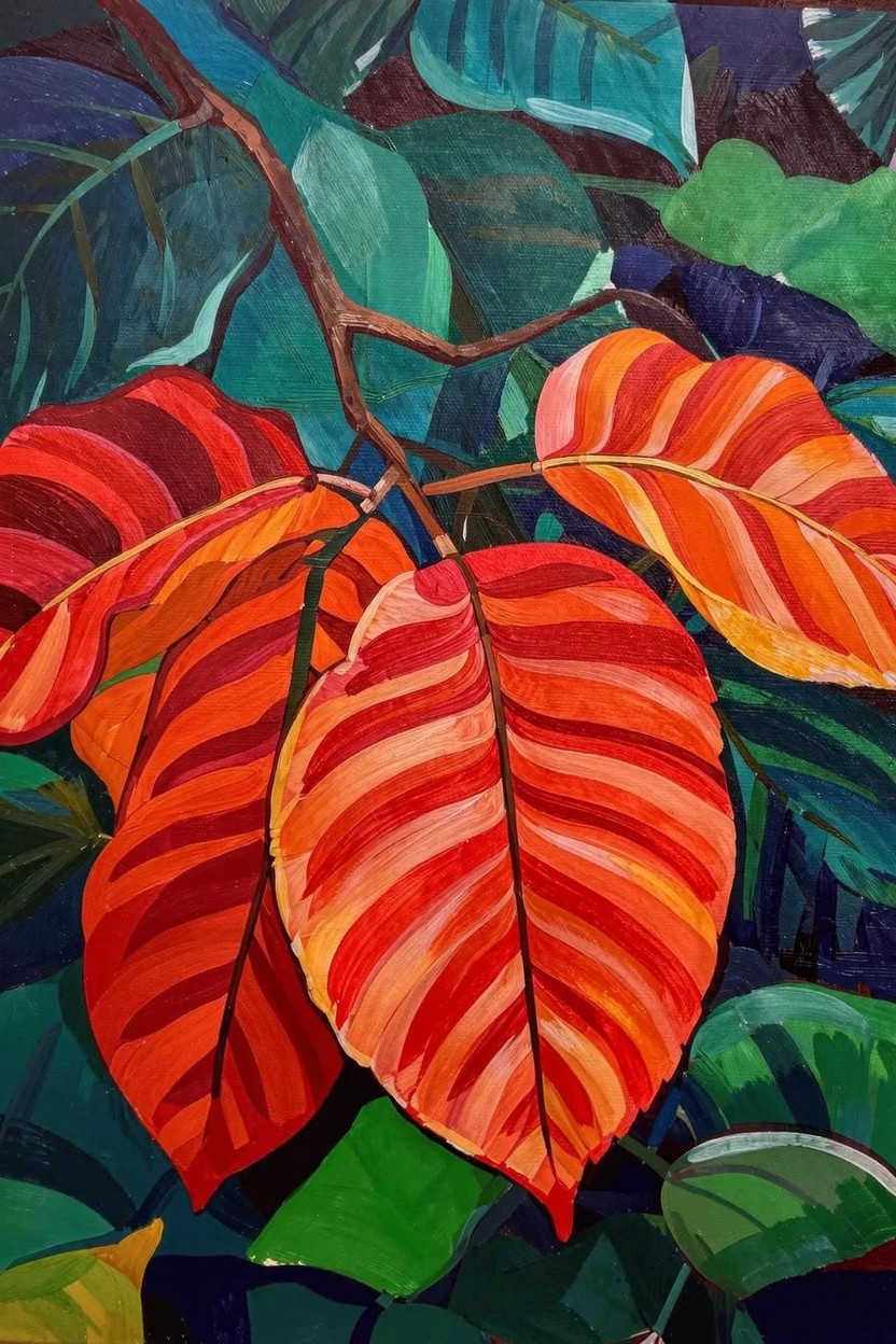 Acrylic painting of clustered red-orange veined leaves extending from green branches amid layered dark green foliage.