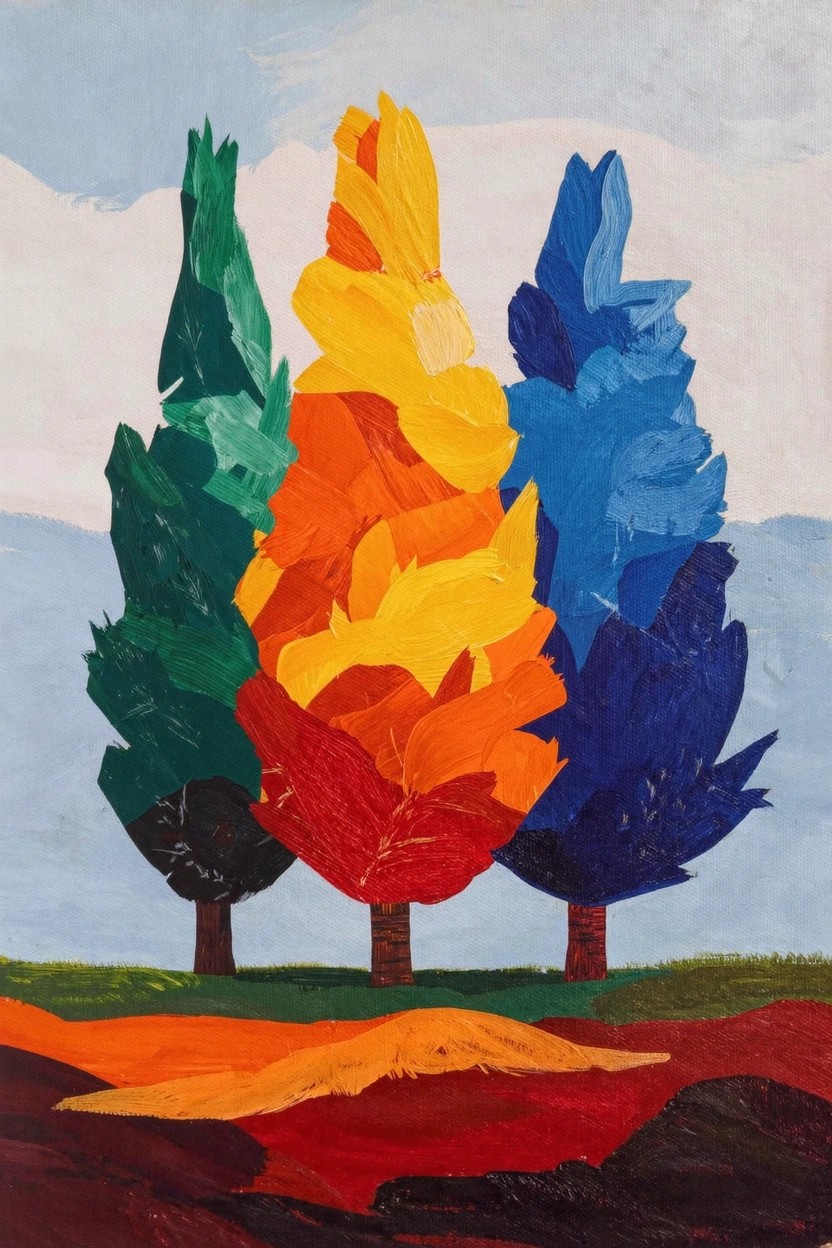 Three stylized trees in green, orange-yellow, and blue rise from a simple orange ground against a blue sky in thick, colorful brushstrokes.