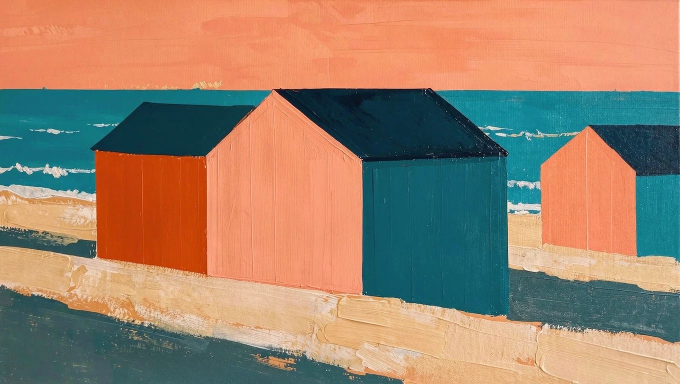 Abstract acrylic painting featuring overlapping circles and blocks in green, blue, red, orange, yellow, purple, and light blue.