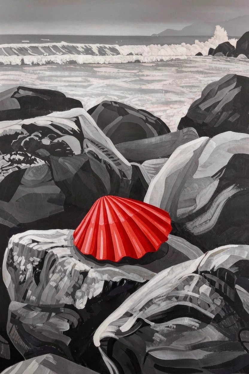 Grayscale acrylic painting of beach rocks, ocean waves, and horizon with a bright red scallop shell centered on the rocks.