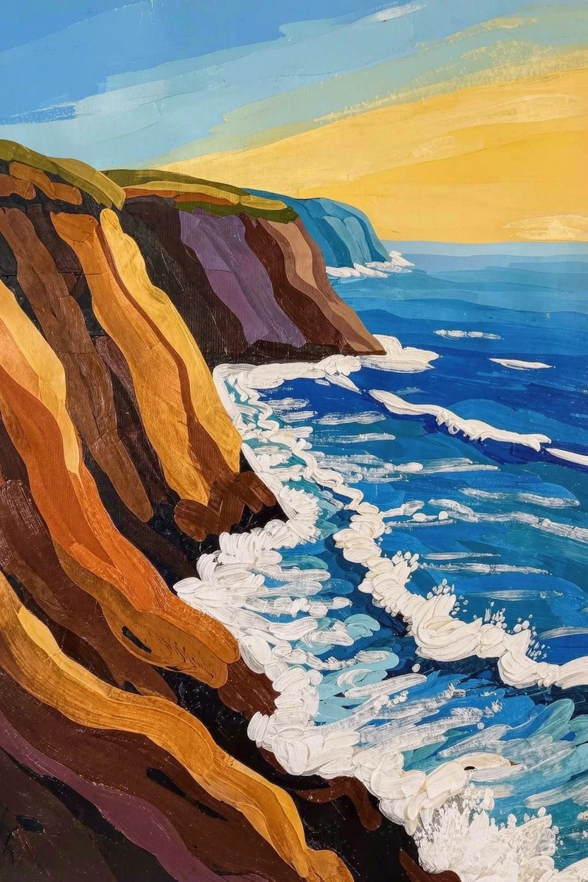 Acrylic painting of stratified orange-brown-purple cliffs at sunset overlooking blue ocean waves.