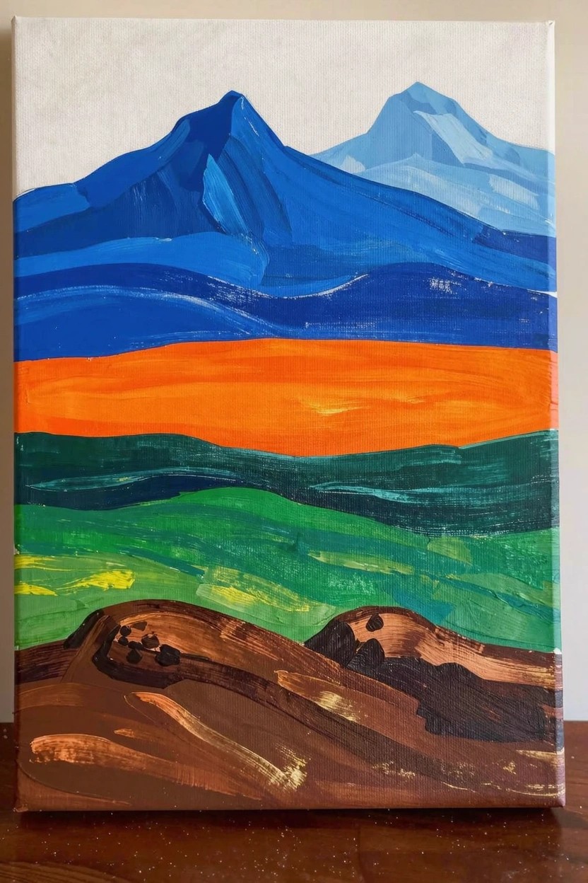 Acrylic painting on canvas with stacked blue mountains, orange band, green fields, and brown hills.
