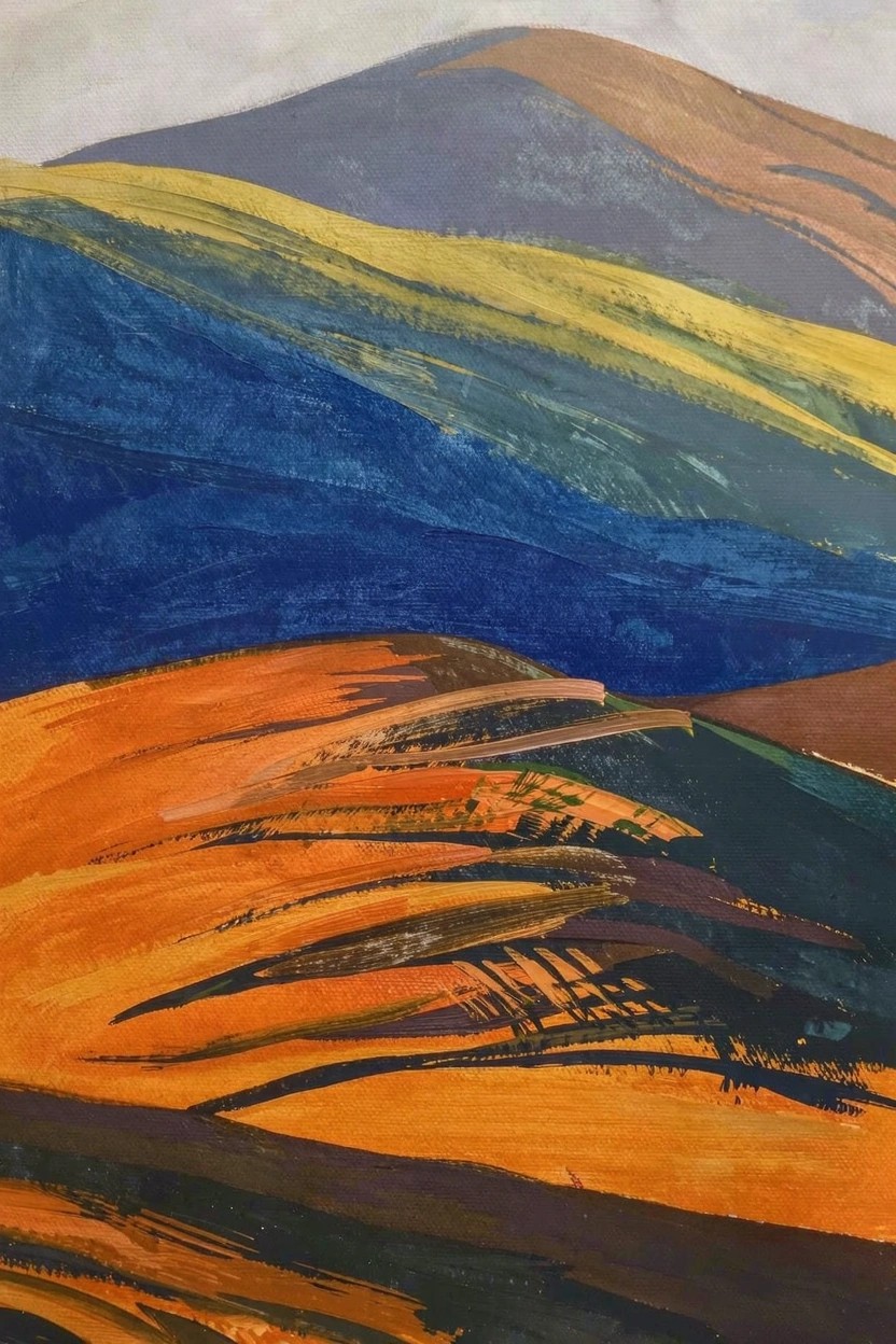 Abstract acrylic painting of rolling hills built from layered brushstrokes in blues, greens, yellows, oranges, and earth tones.