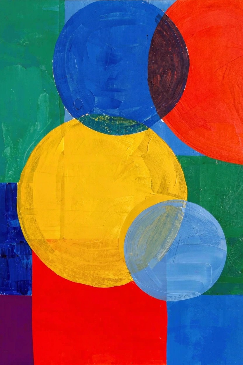 Abstract acrylic painting featuring overlapping circles and blocks in green, blue, red, orange, yellow, purple, and light blue.