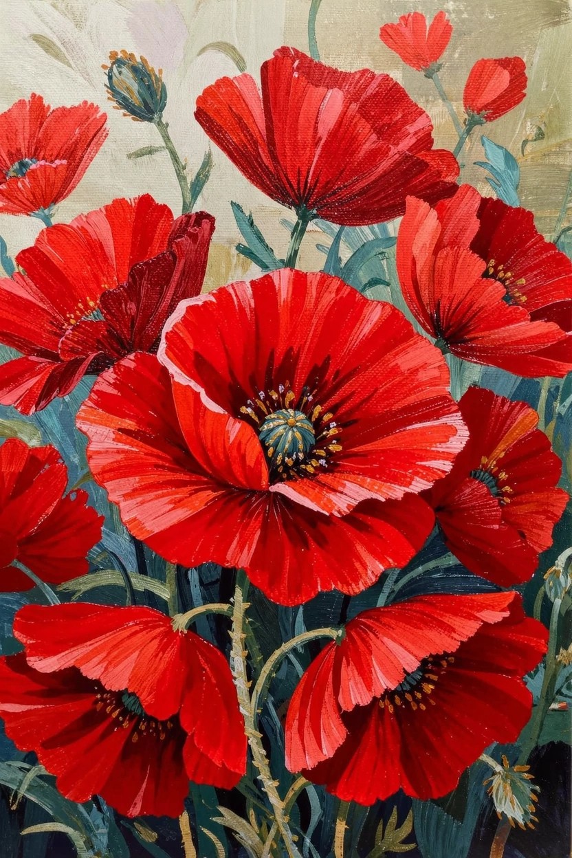 Cluster of red poppies with stems, buds, and leaves on a beige background.