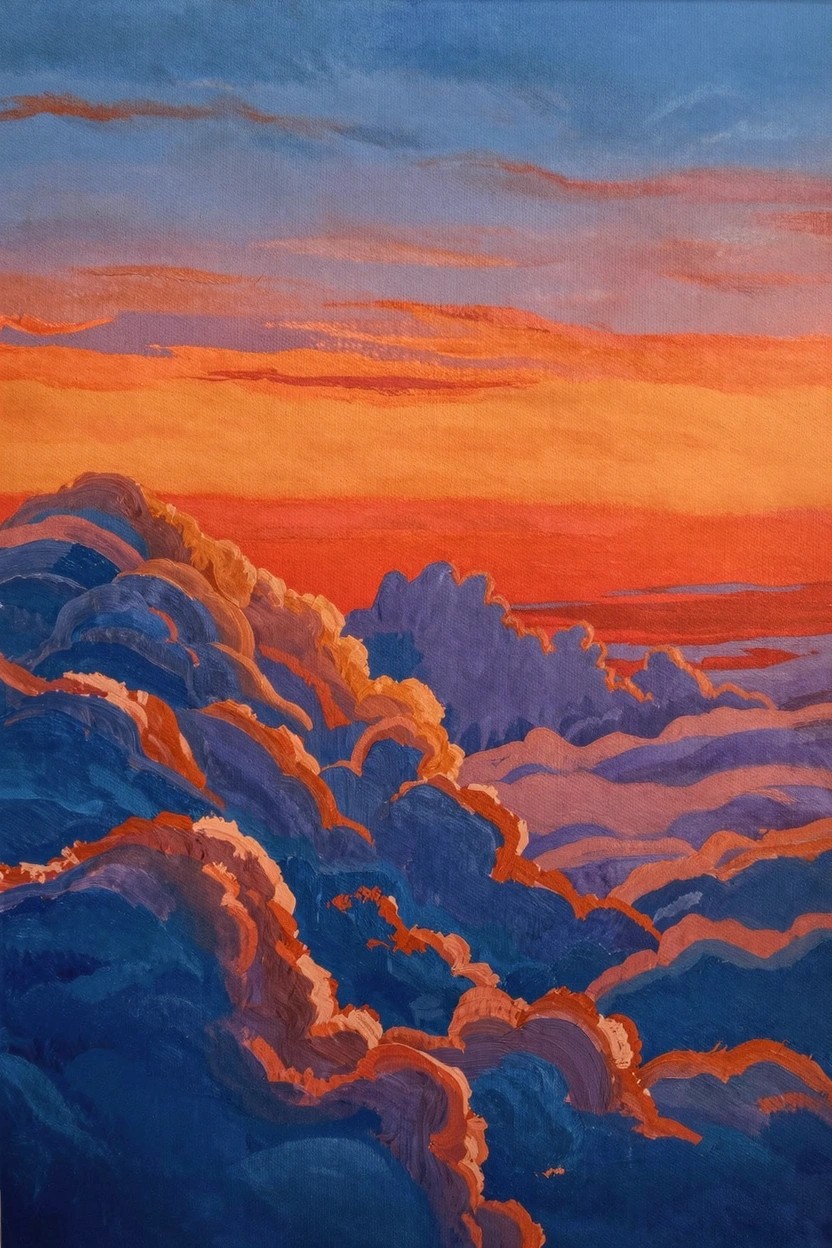 Acrylic painting of stacked clouds in blue, purple, pink, orange, and red during sunset.