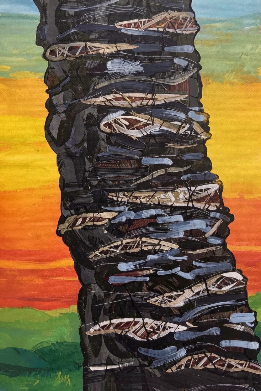 Vertical acrylic painting of a dark textured palm trunk stacked with rough layers against a vibrant orange-yellow sunset sky and green ground.
